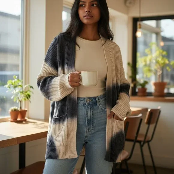 J.Jill Pure Jill Women's Cable Knit Cardigan Open Front Blue Ivory Tie-dye Large - Picture 14 of 16